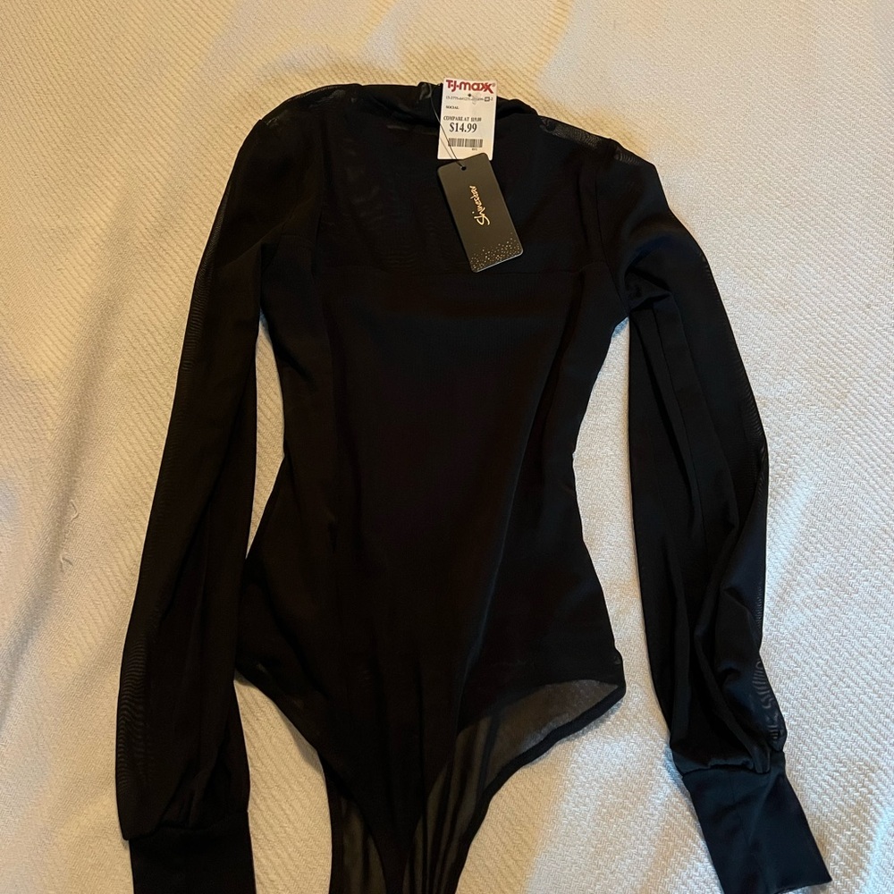 Black Long Sleeve Bodysuit with Sheer Sleeves and Upper Chest